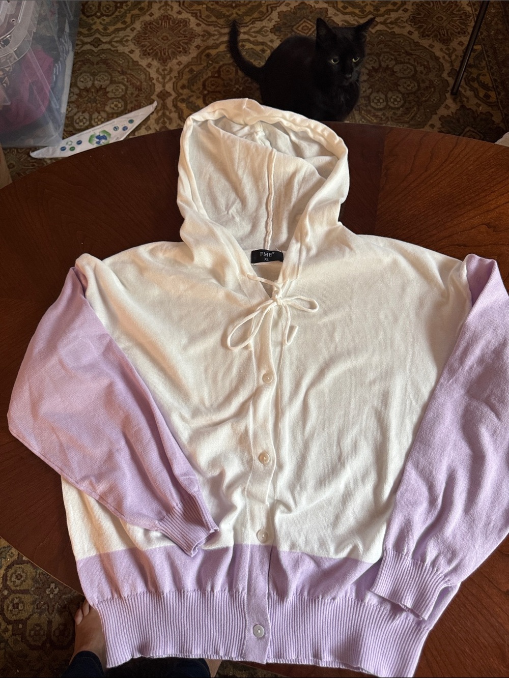 Hooded Button-Front Cardigan Sweater in White and Lavender